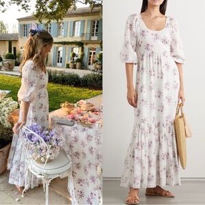 NWT LoveShackFancy Colby Dress in White and Purple Floral - US 2